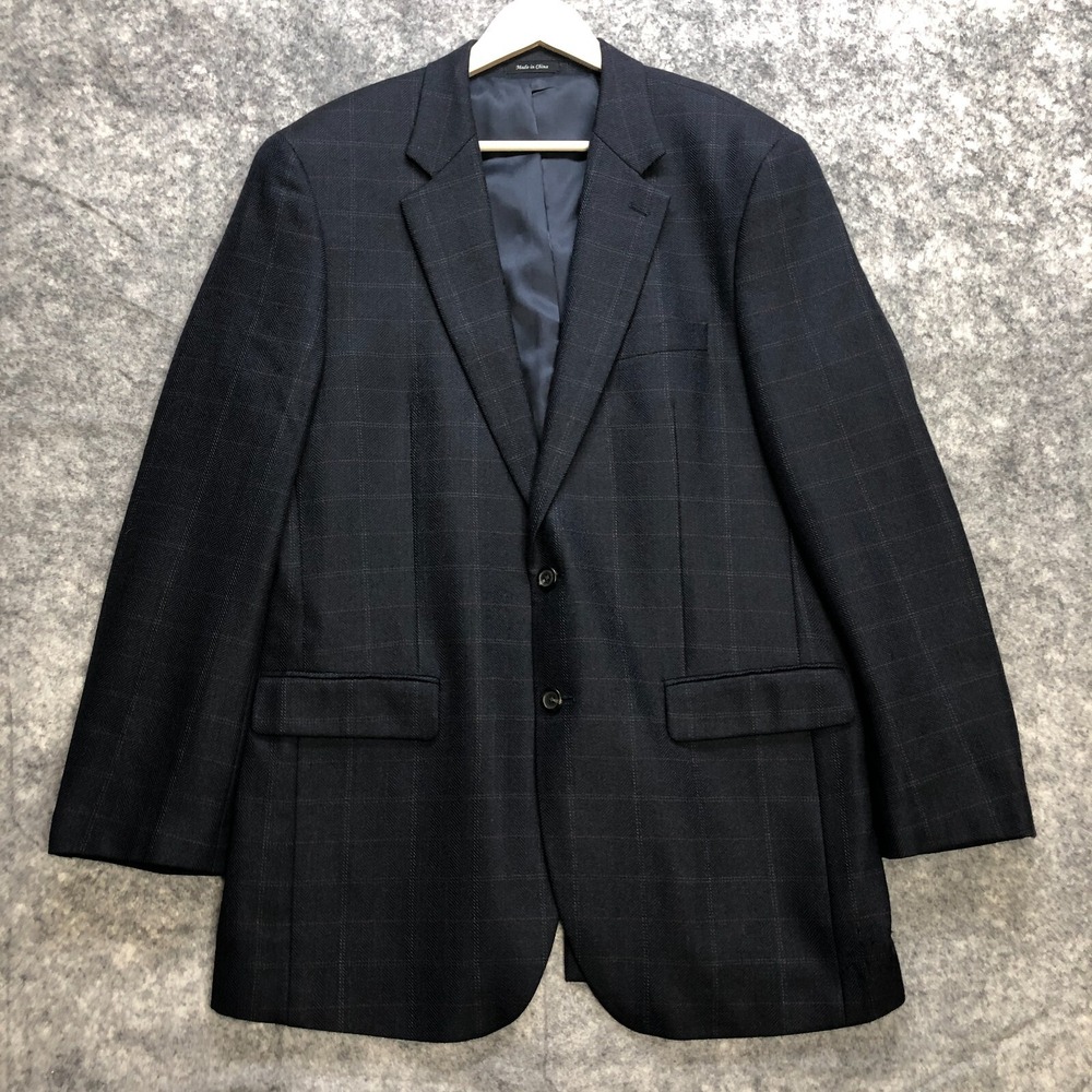 Chaps Blazer Mens 42L Navy Blue 100% Lambswool Herringbone Windowpane Jacket